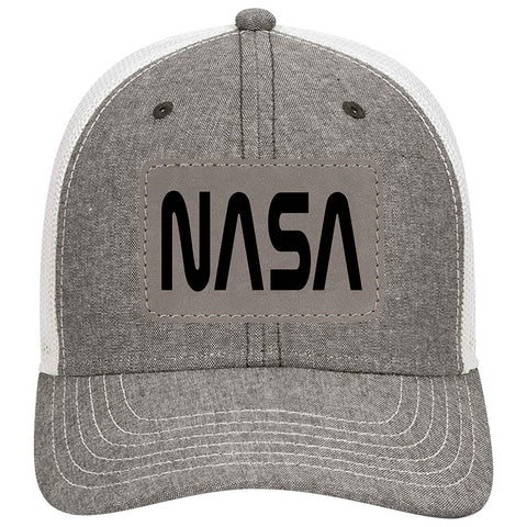 NASA Letter Leatherette Patch Cotton Blend Chambray 6 Panel Low Profile Mesh Back Trucker Hat - For Men and Women