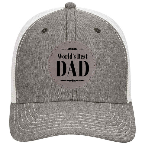 World's Best Dad Leatherette Patch Cotton Blend Chambray 6 Panel Low Profile Mesh Back Trucker Hat - For Men and Women