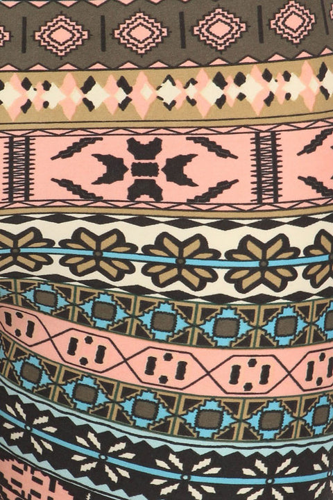 Women's Regular Small Navajo Pattern Print Capri Leggings - Grey Pink Sky