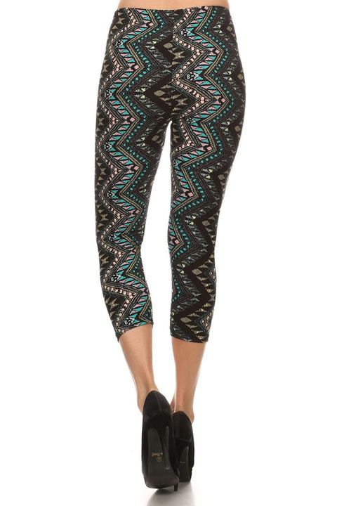 Women's Regular Ornate Sawtooth Pattern Print Capri Leggings - Black Blue