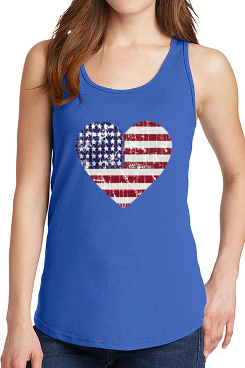 Women's American Distressed Heart Flag Core Cotton Tank Tops -XS~4XL