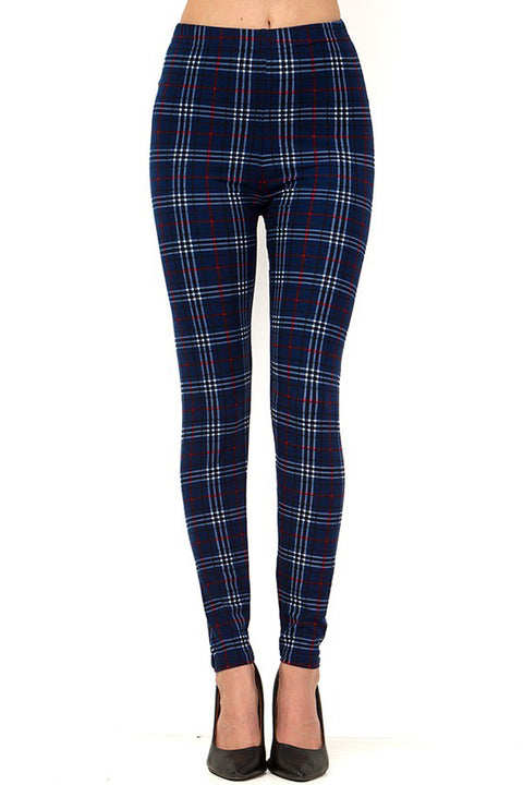 Women's Regular Holiday Navy Wine Plaid Pattern Printed Leggings