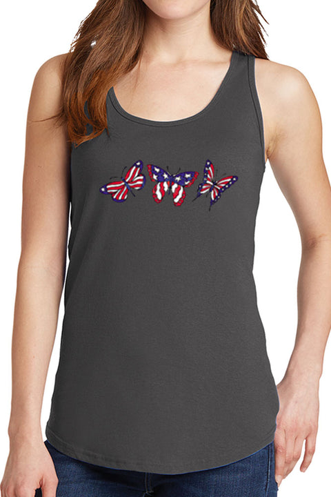 Women's Three Butterflies with American Flag Core Cotton Tank Tops -XS~4XL