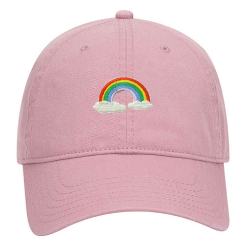 Rainbow with Clouds Embroidered Patch Pastel Tone Garment Washed Superior Cotton Twill Dad Hat - For Women and Men