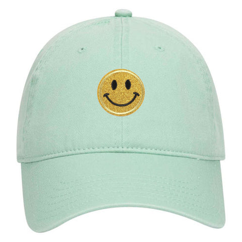 Yellow Glitter Happy Face Embroidered Patch Pastel Tone Garment Washed Superior Cotton Twill Dad Hat - For Women and Men