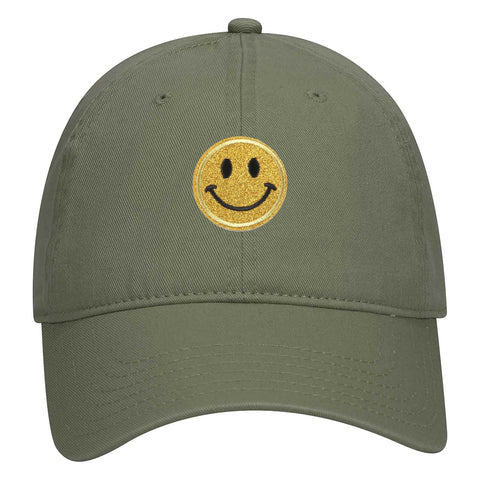 Yellow Glitter Happy Face Embroidered Patch Pastel Tone Garment Washed Superior Cotton Twill Dad Hat - For Women and Men