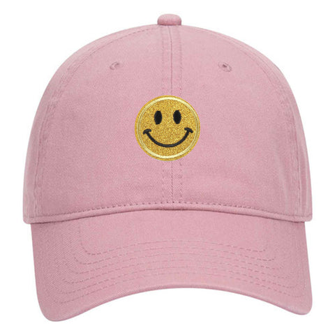 Yellow Glitter Happy Face Embroidered Patch Pastel Tone Garment Washed Superior Cotton Twill Dad Hat - For Women and Men