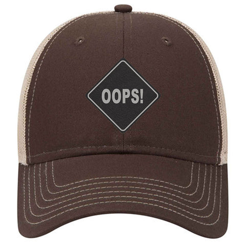 Oops Leatherette Patch 6 Panel Low Profile Mesh Back Trucker Hat for Men and Women