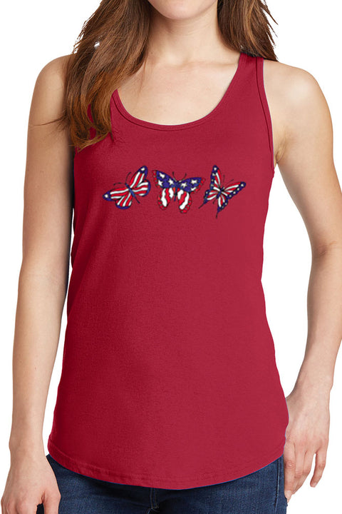 Women's Three Butterflies with American Flag Core Cotton Tank Tops -XS~4XL