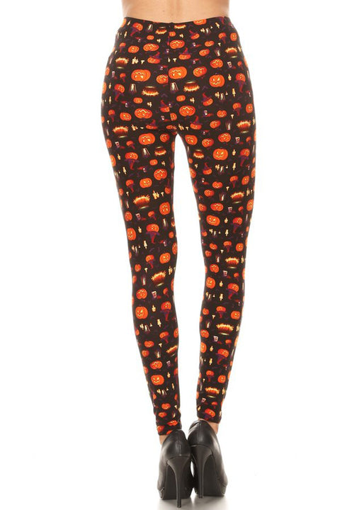 Women's Plus Jack O' Lantern Pumpkin Pattern Printed Leggings - One Size / Orange