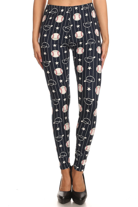 Women's Plus Baseball Ball & Cap Pattern Printed Leggings