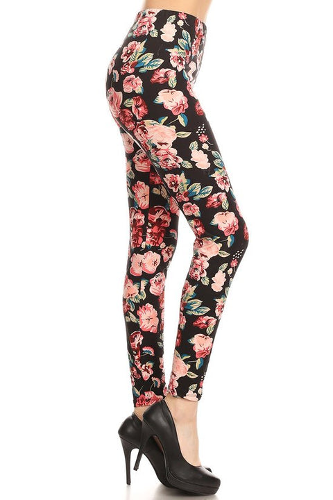 Women's Plus Pink Rose Floral Blossom Pattern Printed Leggings