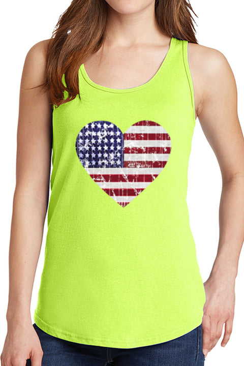 Women's American Distressed Heart Flag Core Cotton Tank Tops -XS~4XL