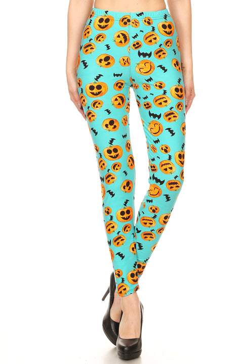 Women's PLUS Pumpkins & Bats Pattern Printed Leggings - Halloween Costume