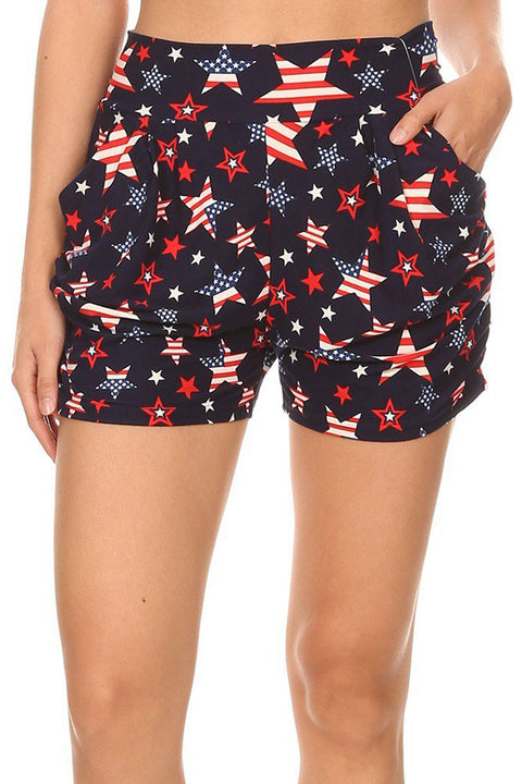 Women’s Regular Stars & Stripes Flag Printed Pleated Pockets Harem Shorts