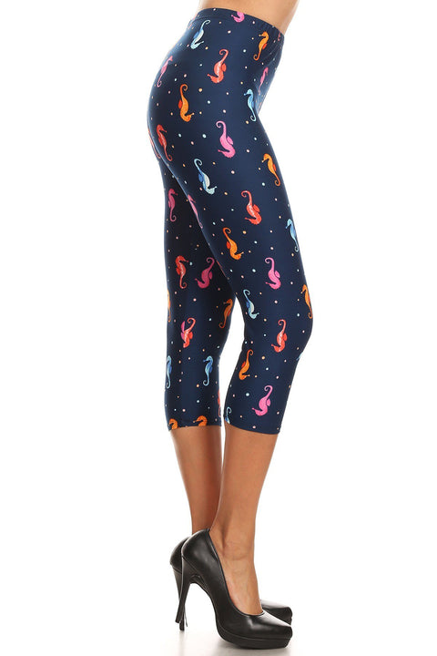 Women's Regular Sea Horses Bubbles Undersea Printed Cropped Capri Leggings