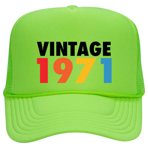 Customize Birth Year Birthday Retro Vintage Neon 5 Panel High Crown Foam Mesh Back Trucker Hat - For Men and Women