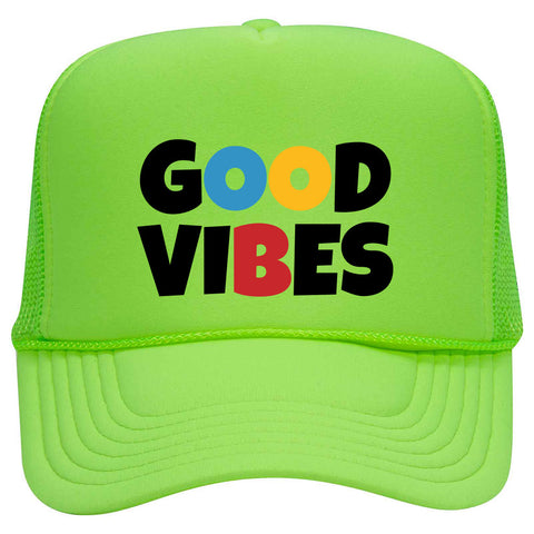 Good Vibes Suede Like Feel Textured Printed Neon 5 Panel High Crown Foam Mesh Back Trucker Hat