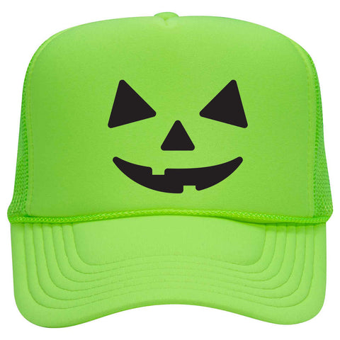 Pumpkin Happy Face Puff Halloween Printed 5 Panel High Crown Foam Mesh Back Trucker Hat - For Men and Women