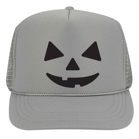 Youth Kid's Pumpkin Happy Face Puff Halloween Printed 5 Panel High Crown Foam Mesh Back Trucker Hat for Boys and Girls