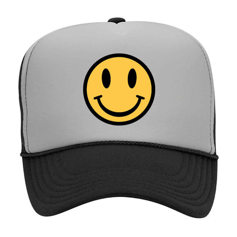 Yellow Happy Face Suede Like Feel Textured Printed 5 Panel Two Tone High Crown Mesh Back Trucker Hat