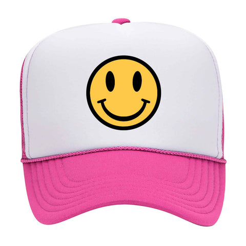 Yellow Happy Face Suede Like Feel Textured Printed 5 Panel Two Tone High Crown Mesh Back Trucker Hat