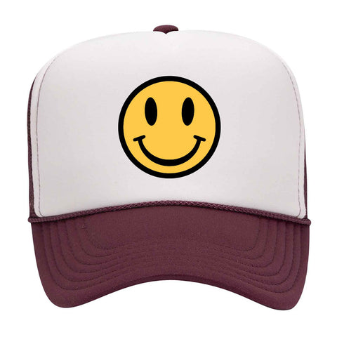 Yellow Happy Face Suede Like Feel Textured Printed 5 Panel Two Tone High Crown Mesh Back Trucker Hat