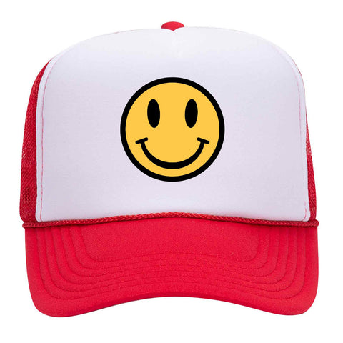 Yellow Happy Face Suede Like Feel Textured Printed 5 Panel Two Tone High Crown Mesh Back Trucker Hat