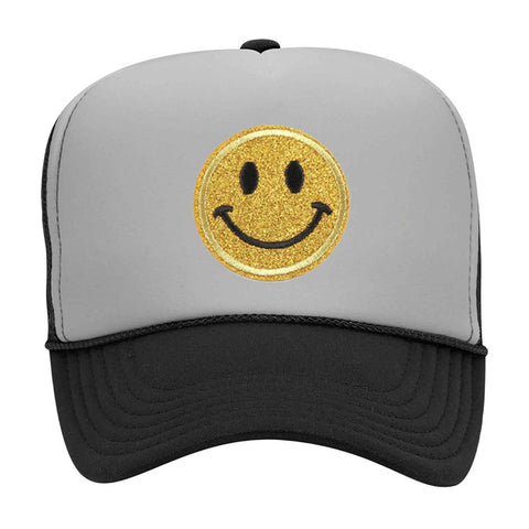 Yellow Glitter Happy Face Embroidered Patch 5 Panel Two Tone High Crown Mesh Back Trucker Hat