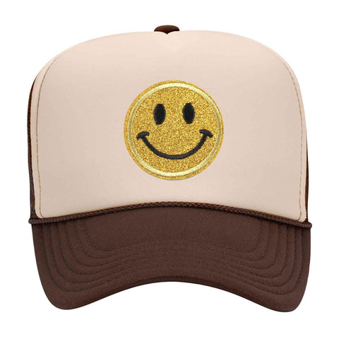 Yellow Glitter Happy Face Embroidered Patch 5 Panel Two Tone High Crown Mesh Back Trucker Hat