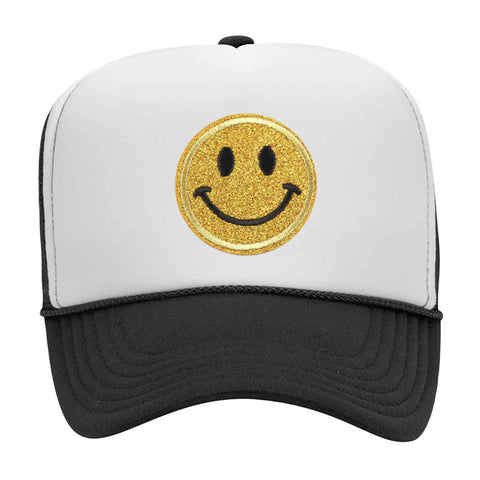 Yellow Glitter Happy Face Embroidered Patch 5 Panel Two Tone High Crown Mesh Back Trucker Hat