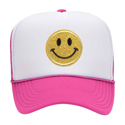 Yellow Glitter Happy Face Embroidered Patch 5 Panel Two Tone High Crown Mesh Back Trucker Hat