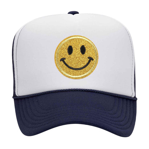 Yellow Glitter Happy Face Embroidered Patch 5 Panel Two Tone High Crown Mesh Back Trucker Hat