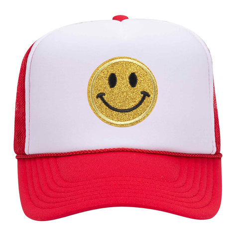 Yellow Glitter Happy Face Embroidered Patch 5 Panel Two Tone High Crown Mesh Back Trucker Hat