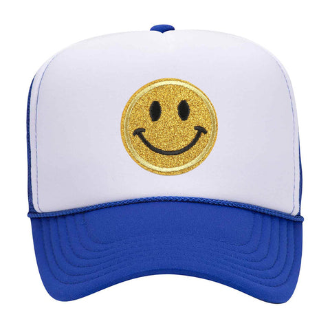 Yellow Glitter Happy Face Embroidered Patch 5 Panel Two Tone High Crown Mesh Back Trucker Hat