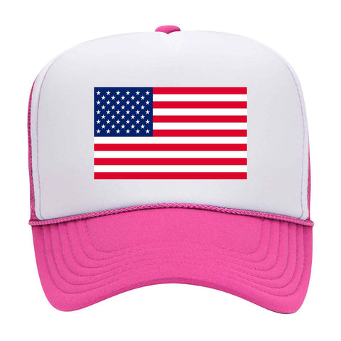 American Flag Printed 5 Panel Two Tone High Crown Mesh Back Trucker Hat