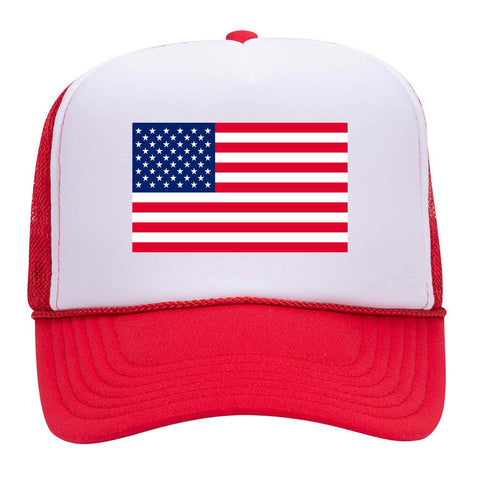 American Flag Printed 5 Panel Two Tone High Crown Mesh Back Trucker Hat