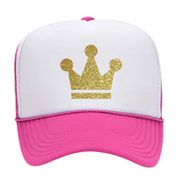 Gold Crown Glitter Printed 5 Panel High Crown Mesh Back Trucker Hat - For Men and Women