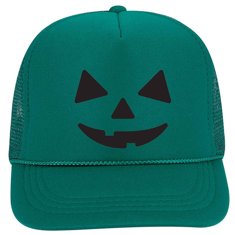 Youth Kid's Pumpkin Happy Face Puff Halloween Printed 5 Panel High Crown Foam Mesh Back Trucker Hat for Boys and Girls