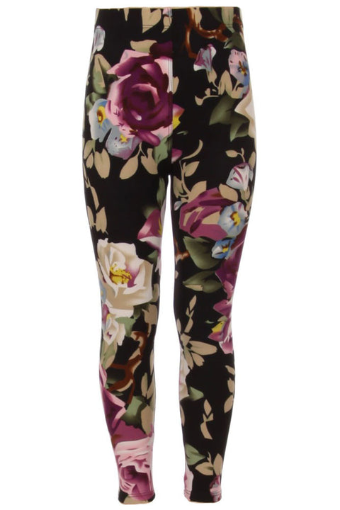 Girl's Big Floral Print Leggings with Elastic Waist - Black Purple