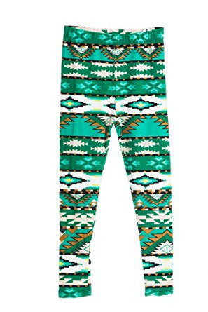 Girl's Silly and Cute Green Aztec Design Pattern Print Leggings