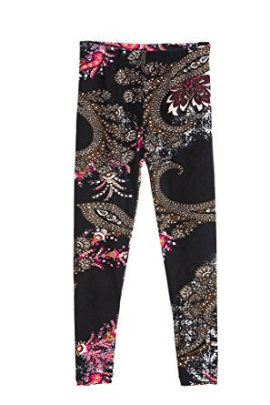 Girl's Fancy and Trendy Black Fuchsia Paisley Pattern Print Leggings
