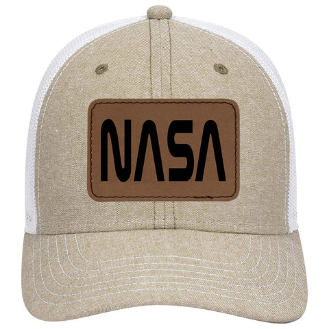 NASA Letter Leatherette Patch Cotton Blend Chambray 6 Panel Low Profile Mesh Back Trucker Hat - For Men and Women