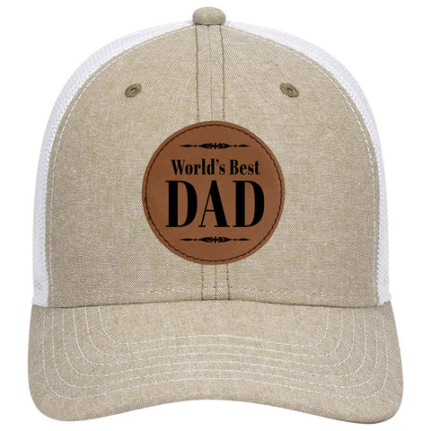 World's Best Dad Leatherette Patch Cotton Blend Chambray 6 Panel Low Profile Mesh Back Trucker Hat - For Men and Women