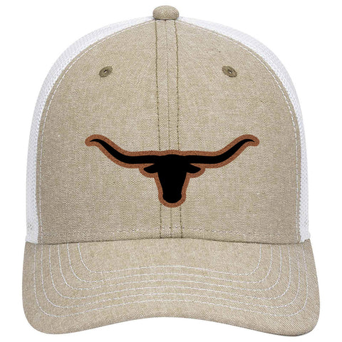 Longhorn Leatherette Patch Cotton Blend Chambray 6 Panel Low Profile Mesh Back Trucker Hat - For Men and Women
