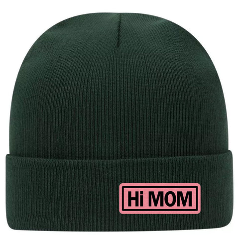 Hi Mom Leatherette Patch Superior Cotton Blend 12" Classic Knit Cuff Beanies for Women