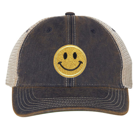 Yellow Glitter Happy Face Embroidered Patch 6 Panel Unstructured Low Profile Mesh Back Old Favorite Trucker Caps