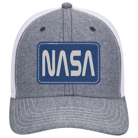 NASA Letter Leatherette Patch Cotton Blend Chambray 6 Panel Low Profile Mesh Back Trucker Hat - For Men and Women