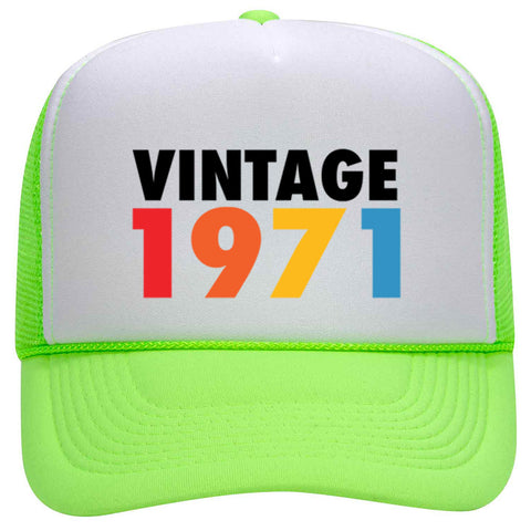 Customize Birth Year Birthday Retro Vintage Neon 5 Panel High Crown Foam Mesh Back Trucker Hat - For Men and Women