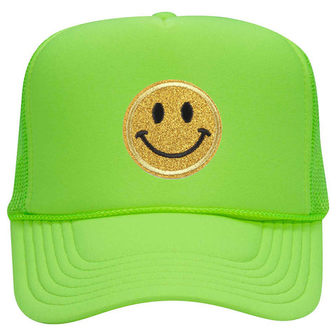 Yellow Glitter Happy Face Embroidered Patch Neon 5 Panel High Crown Foam Mesh Back Trucker Hat - For Men and Women